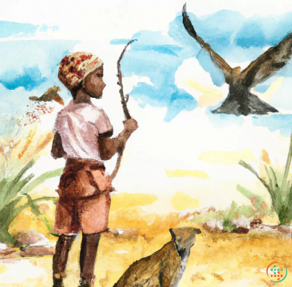 A child holding a stick and a bird