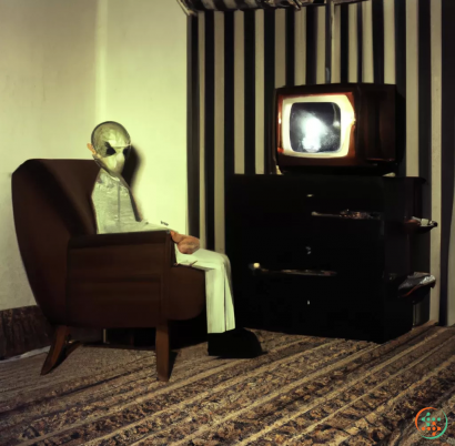 A skeleton sitting in a chair in front of a television