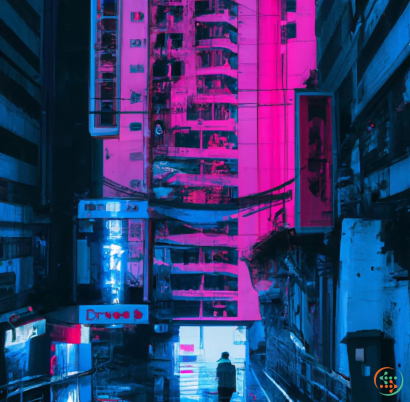 A city street with neon signs