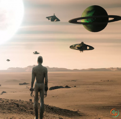 A person standing in a desert with several airplanes flying in the sky