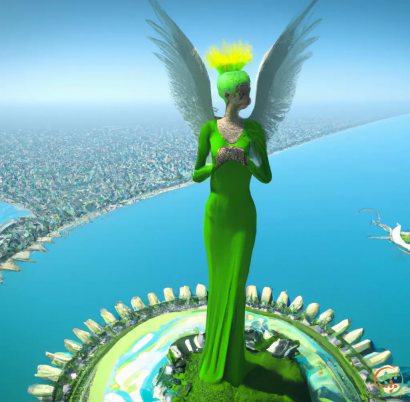 A green alien statue