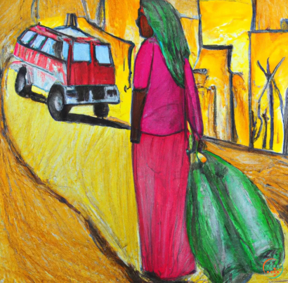 A painting of a person in a red dress and a red car