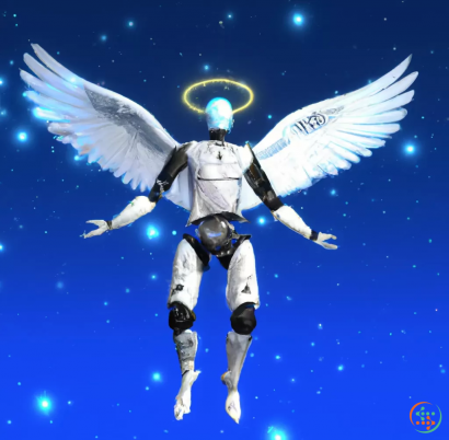 A person in a space suit with wings and a light in the background