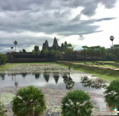 A pond with trees and grass around it with Angkor Wat in the background