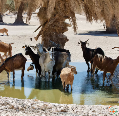 A group of animals drinking water