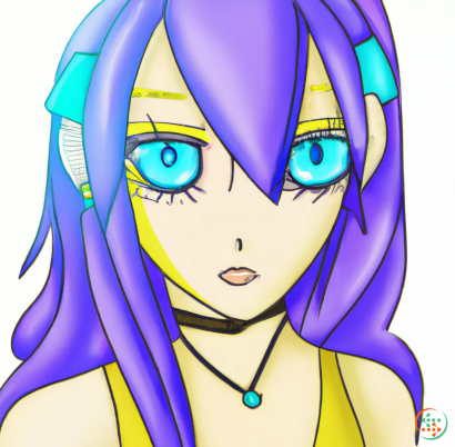 Logo - Anime girl, yellow/blue hair, pruple/red eyes, scar, tattoos, big, Cyberpunk
