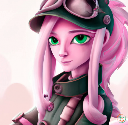 A girl with green eyes and a pink wig