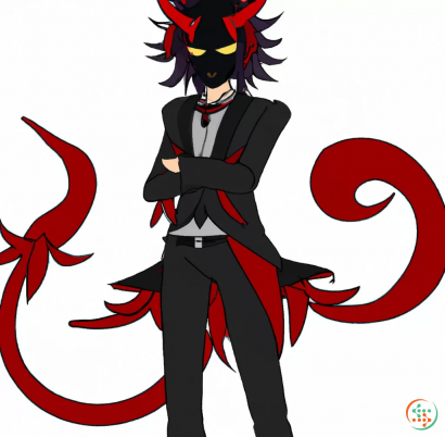 Logo - anime Male demon lord with a red and black suit and with a oni mask on and a tail