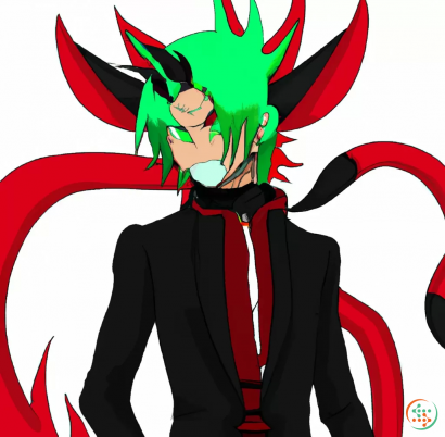 Logo - Anime Male demon lord with green hair with red streaks and red and black suit and with a oni mask on and a tail