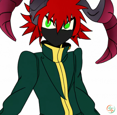 Logo - Anime Male demon lord with green hair with red streaks and red and black suit and with a oni mask on and a tail