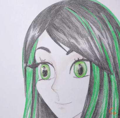 A woman's face with green hair