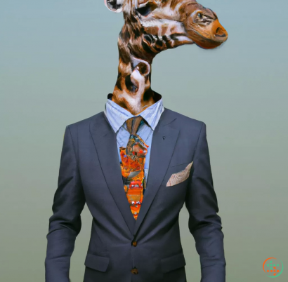 A giraffe head with a suit and tie