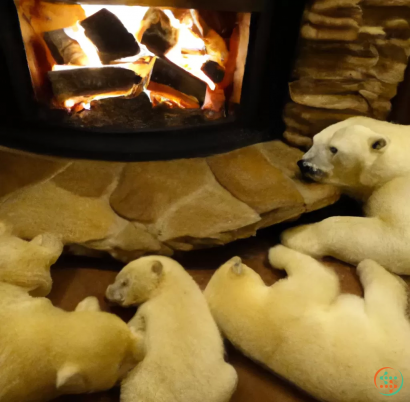 A group of sea animals in front of a fire