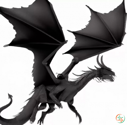 A black and white drawing of a dragon with wings and a sword