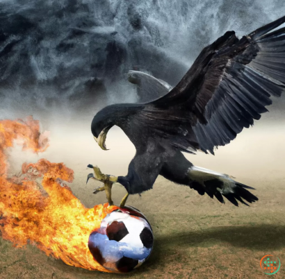 A bird flying over a football ball