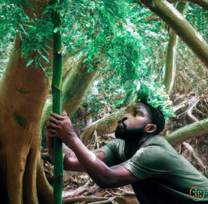 A person holding a tree branch