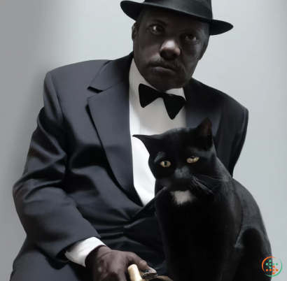 A man in a suit and hat holding a black cat