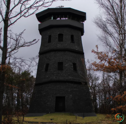 A tall tower with a sign on it