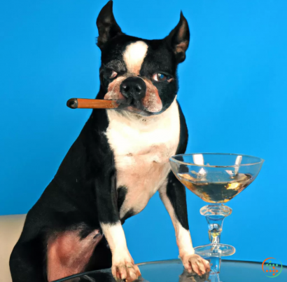 A dog with a cigar in its mouth and a glass of wine