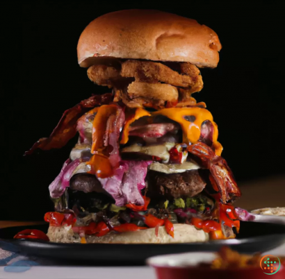 A large burger with meat and vegetables
