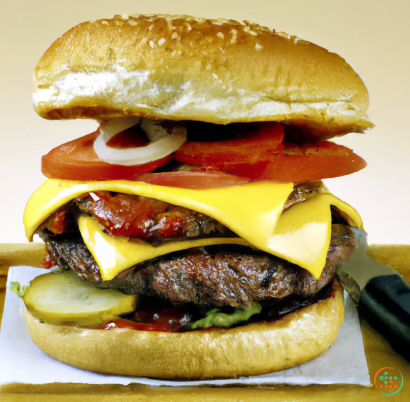 A cheeseburger with a pickle and tomato