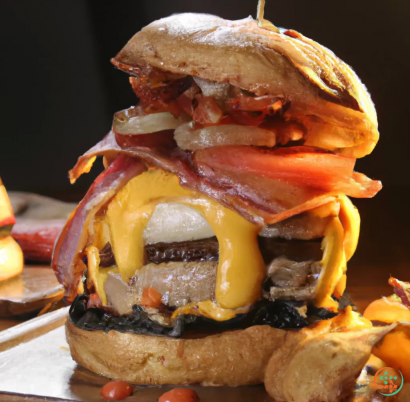 A large cheeseburger with bacon and cheese