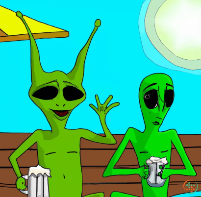 Diagram - Cartoon, alien grey’s, relaxing in the sun, having beers.