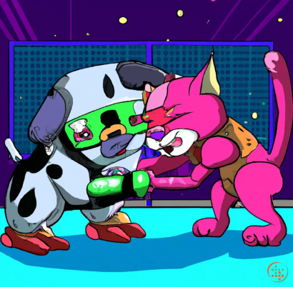 Diagram - cartoon dog and cat in an arm wrestling match., Cyberpunk