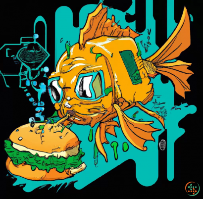 Logo - cartoon goldfish eats a hamburger., Cyberpunk