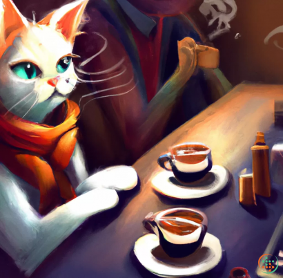 A cat sitting at a table with a cup of coffee