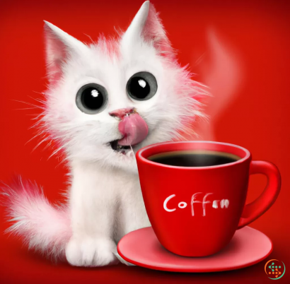 A white cat licking a red cup