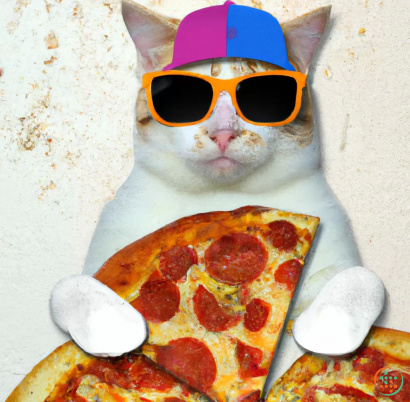 A cat wearing sunglasses and a hat with a pizza in front of it