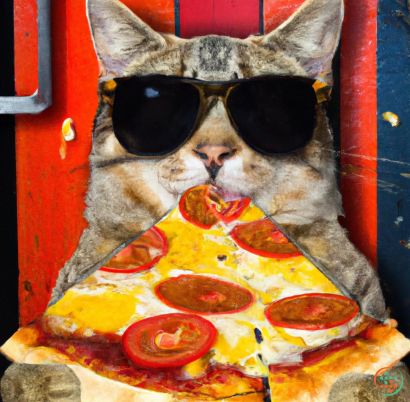 A cat wearing sunglasses and a hat holding a pizza