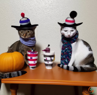 A couple of cats wearing hats and sitting at a table with pumpkins