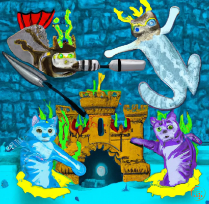 Map - Cats in scuba gear defending their underwater castle from attacking mermaid dogs