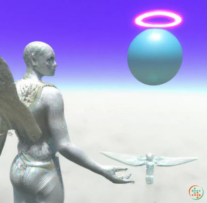 A statue of a person holding a sword and a planet in the background