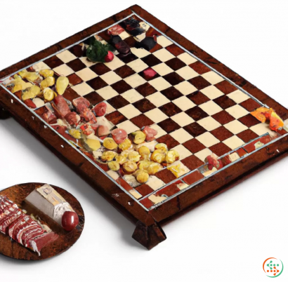 A board game with pieces of cheese and meat