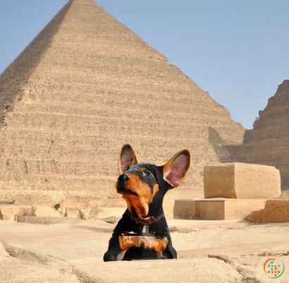 A dog sitting in front of a pyramid