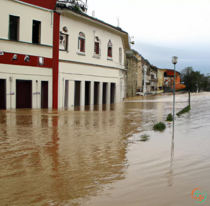 A flooded street with buildings