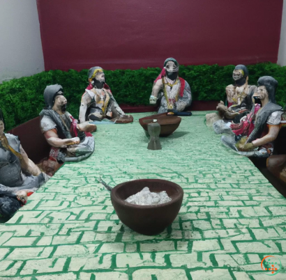 A group of statues of women sitting on the ground