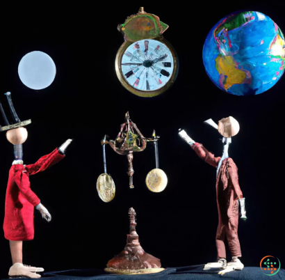 A couple of people in clothing holding a clock and a globe