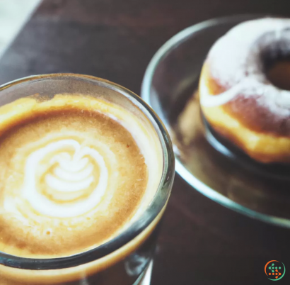 A cup of coffee next to a donut with a heart design