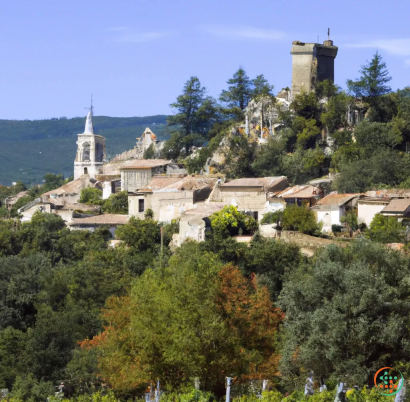 A town with trees and a tower