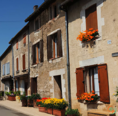 A row of buildings with flowers