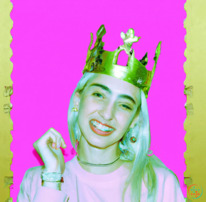 A person with green hair and a green crown