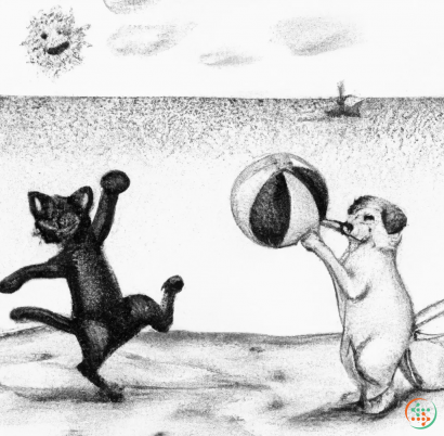 A monkey holding a ball and a cat holding a stick