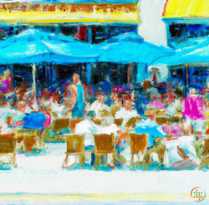 A painting of a group of people sitting at tables