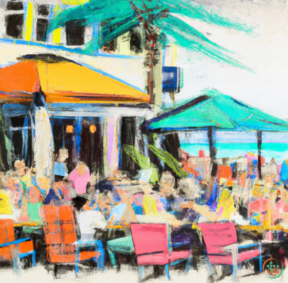 A painting of a group of people sitting at tables