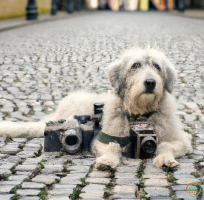 A dog holding a gun