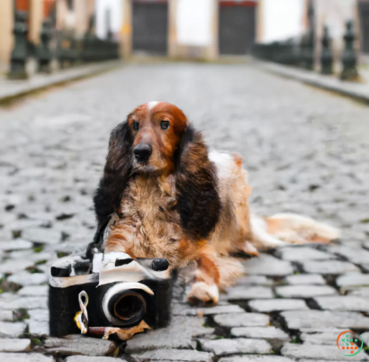 A dog sitting on a brick road